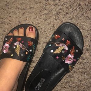 Carlos Santana slides satin embroidered black 8